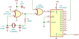 该设计使用基于 XOR 门的 Pierce 振荡器，产生 455kHz 和 50% 占空比